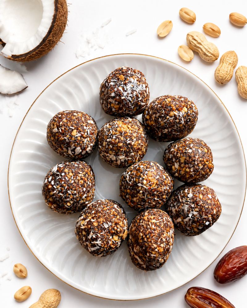 Trufas de coco, mani y cacao